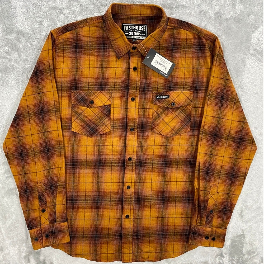 Fasthouse Saturday Night‎ Special Flannel Shirt Men XL Gold Plaid Motocross Surf